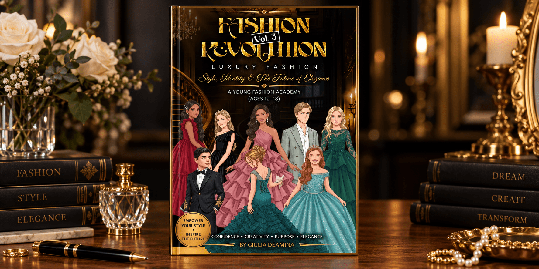 Book cover featuring characters in stylish outfits and a luxurious setting