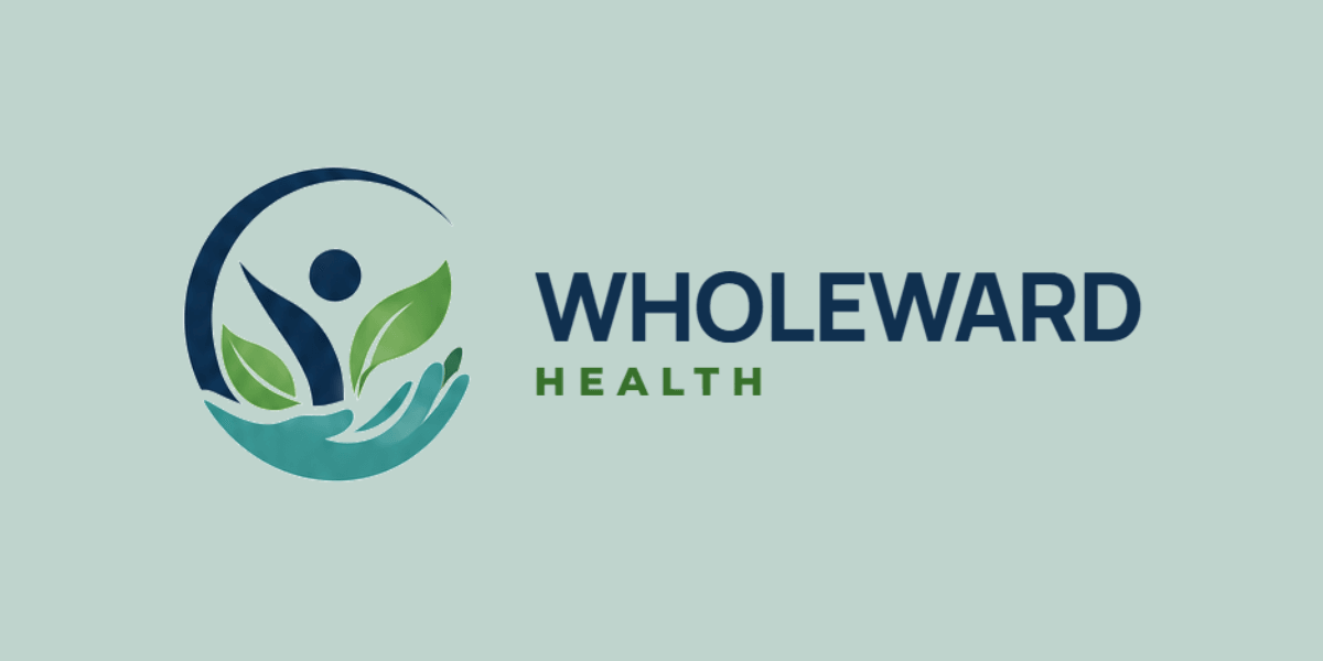 Logo of Wholeward Health featuring a human figure and hands with green leaves