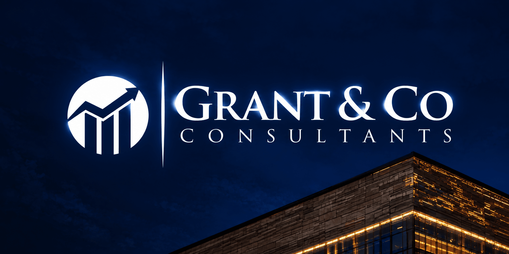 Logo of Grant & Co Consultants on a dark background with a modern building edge