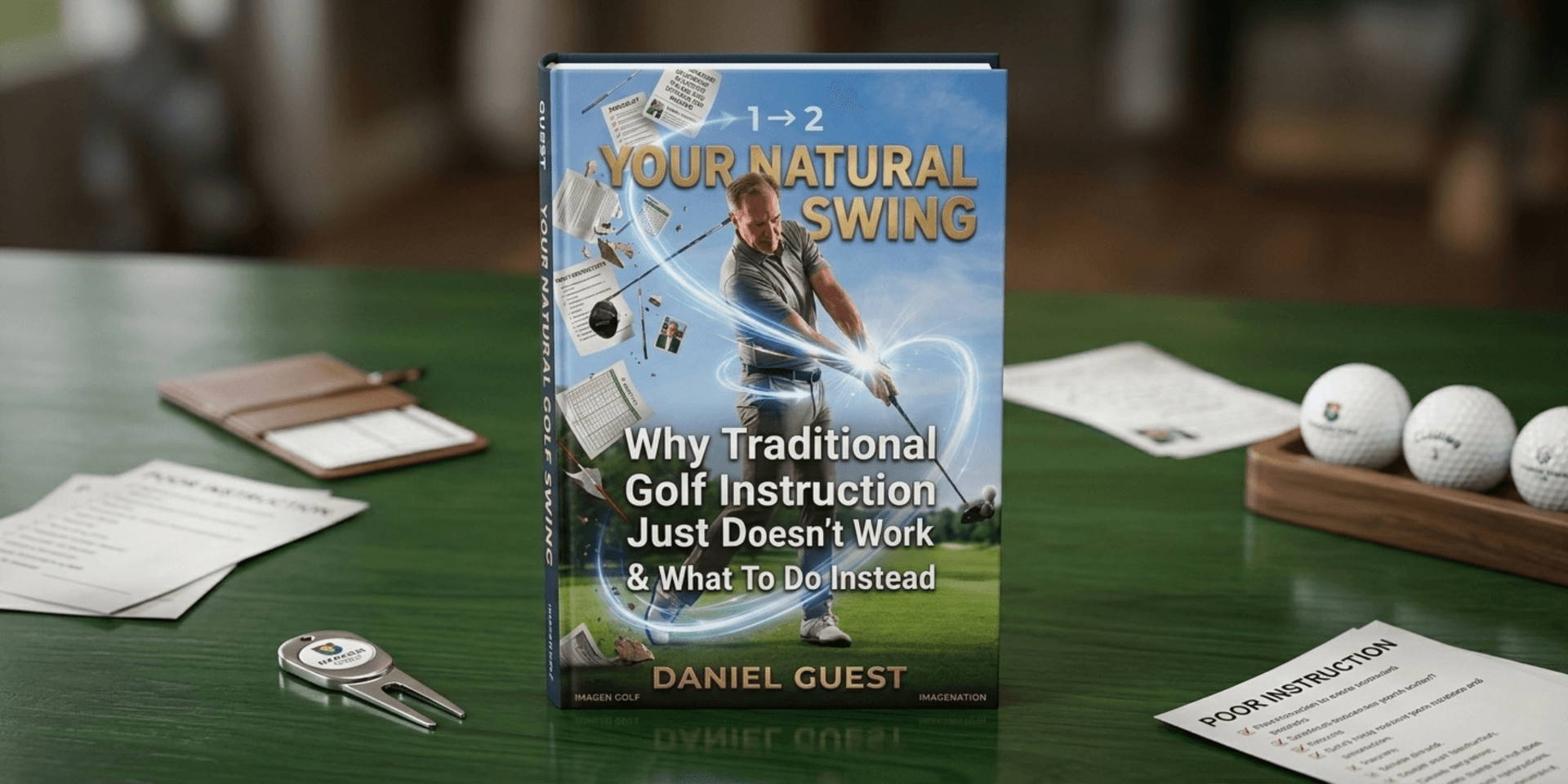Book cover titled "Your Natural Swing" on a table with golf balls and a key.