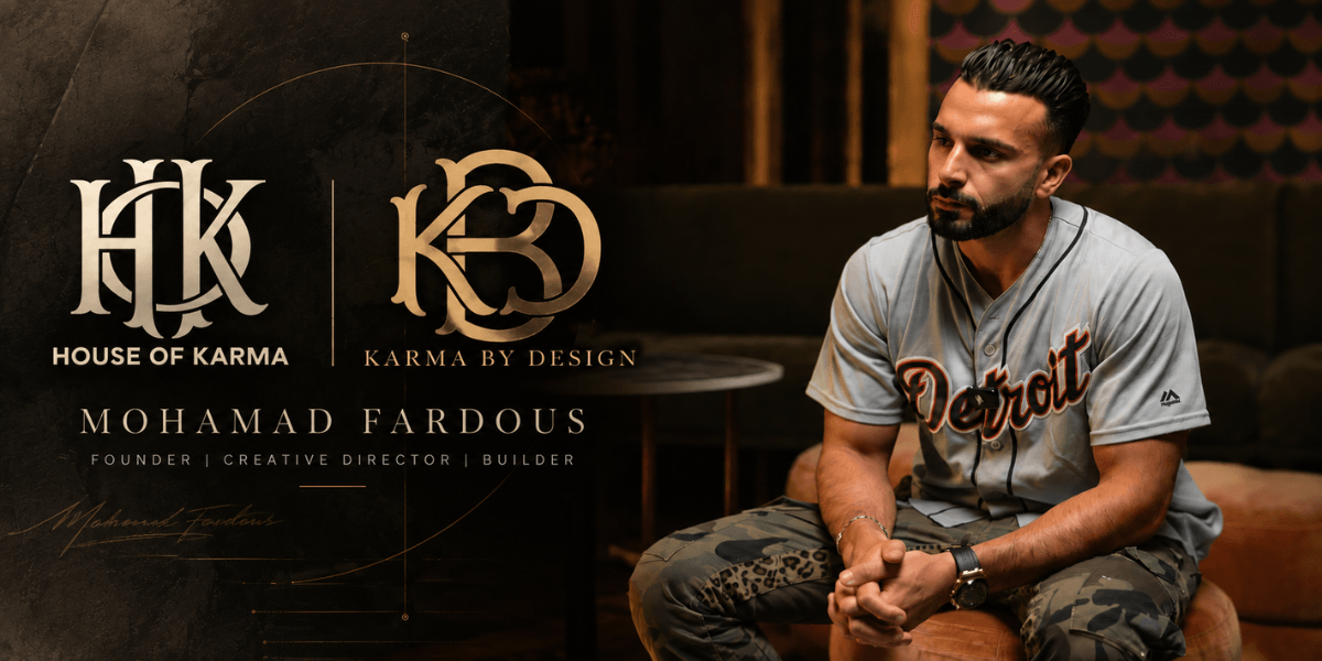 Man seated in a stylish environment with branding for House of Karma and Karma by Design