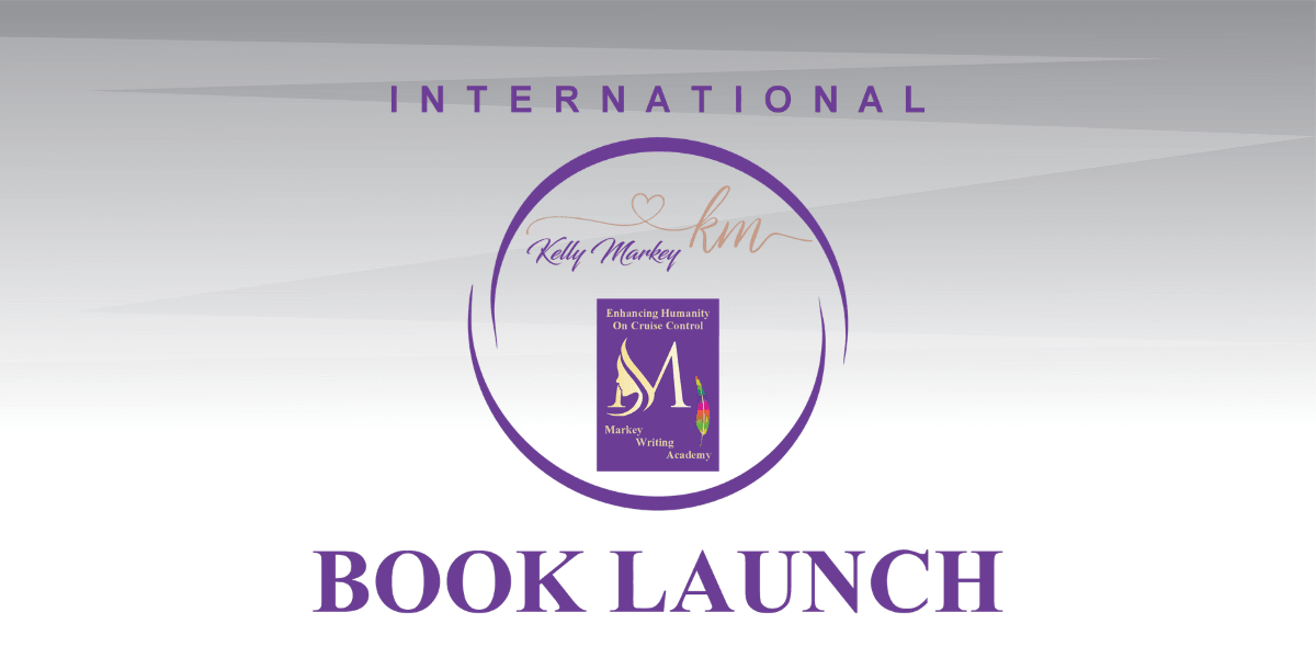 Banner for an international book launch featuring a feather and pen logo.