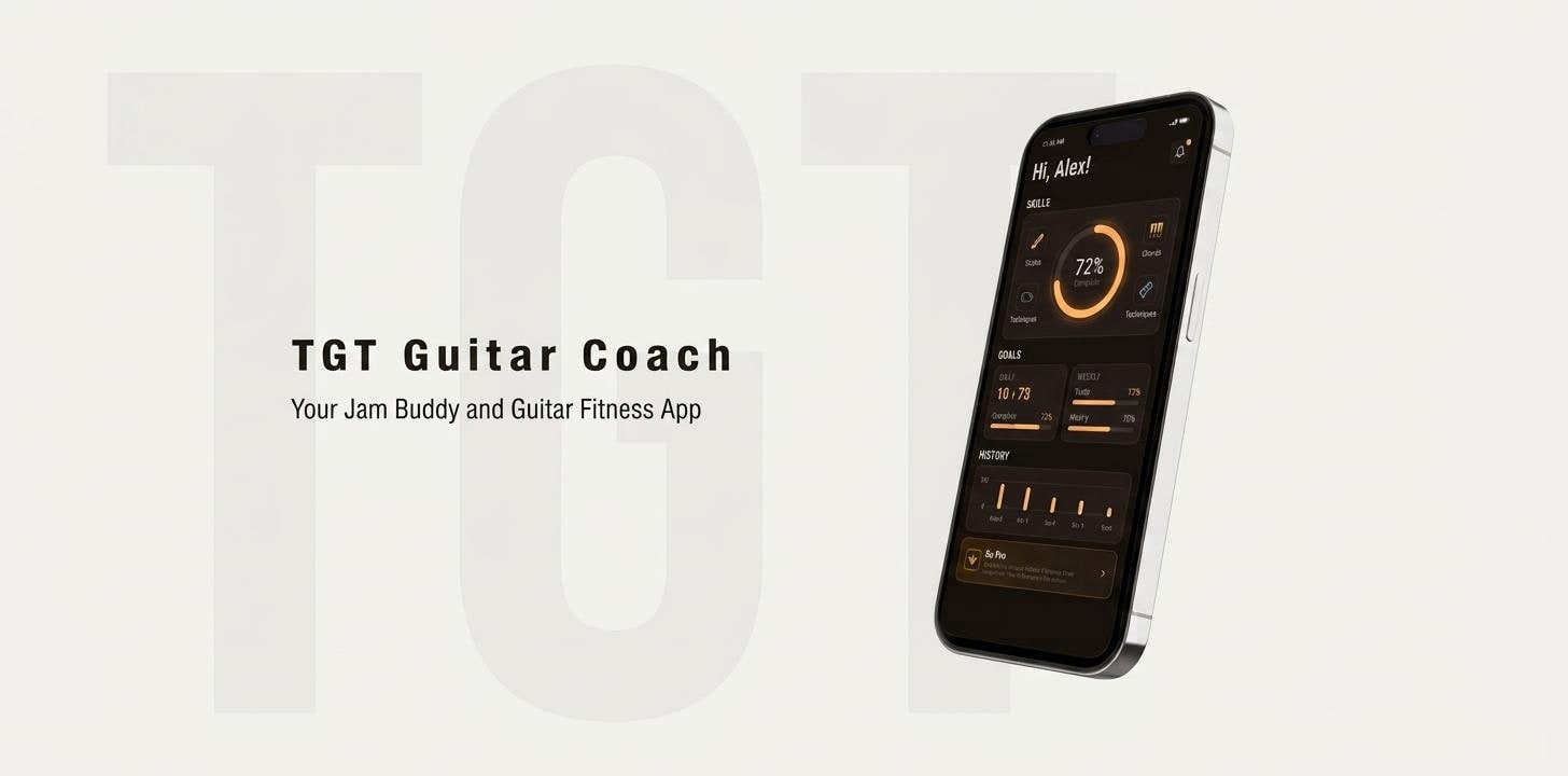 Mockup of TGT Guitar Coach app interface on a smartphone for guitar fitness.