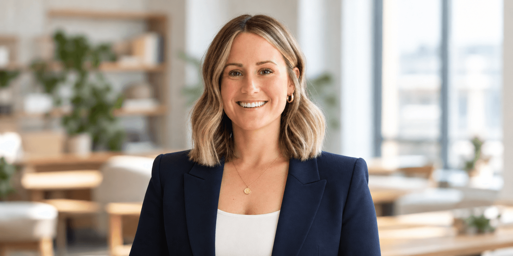 Smiling woman with shoulder-length hair wearing a blazer in a bright, modern setting