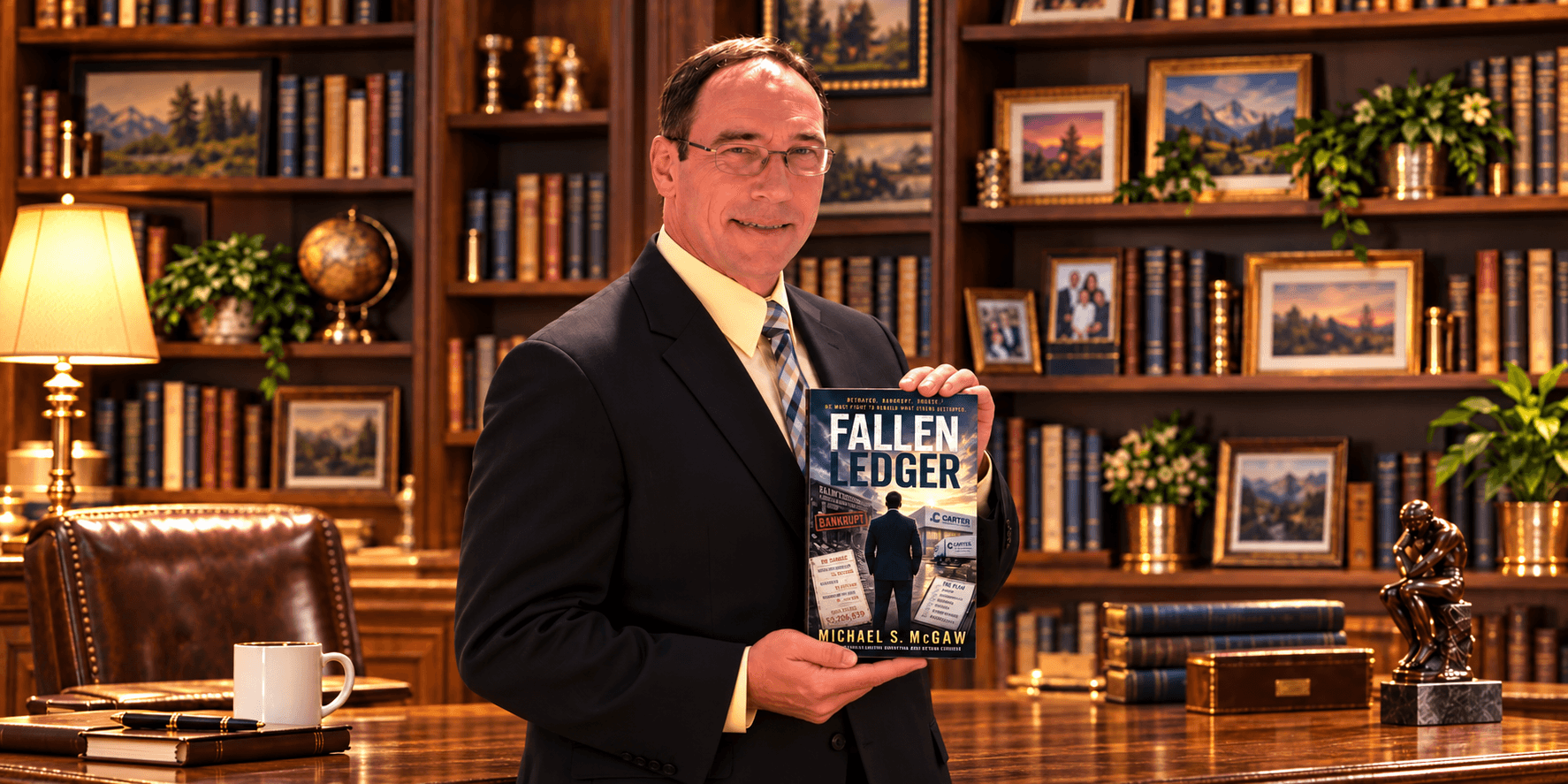 Man in a suit holding a book titled "Fallen Ledger" in an office setting