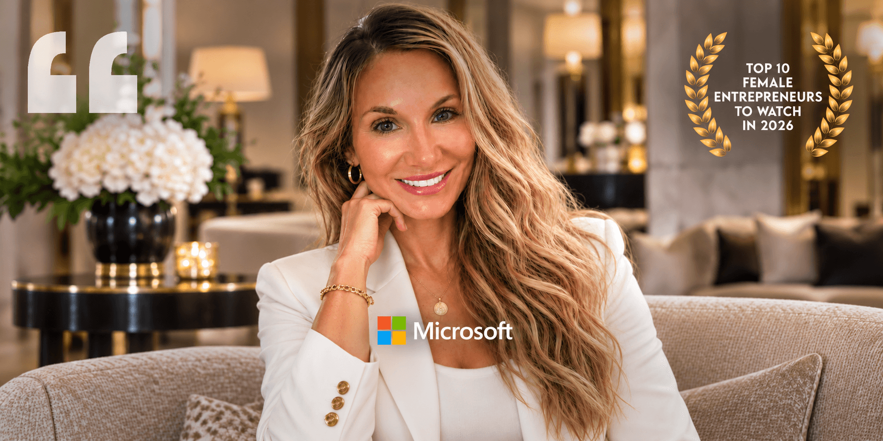 Smiling woman in a blazer sits in a stylish interior, showcasing entrepreneurial achievement