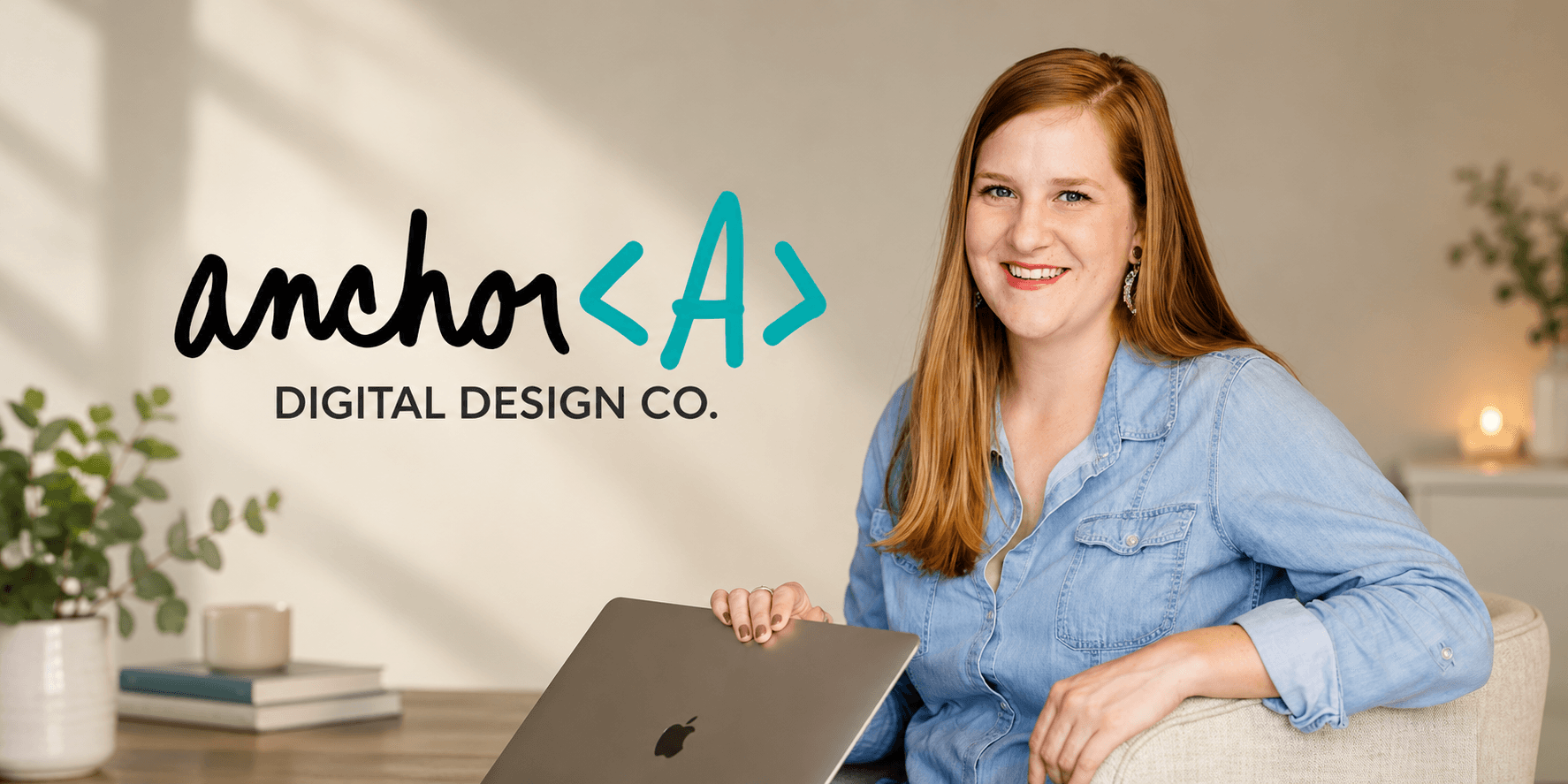 Smiling woman in denim shirt holding laptop beside greenery and logo for Anchor Digital Design Co