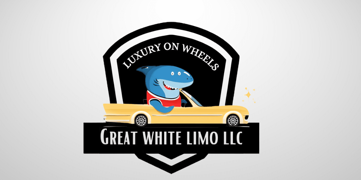 Cartoon shark driving a yellow convertible with "Great White Limo LLC" logo