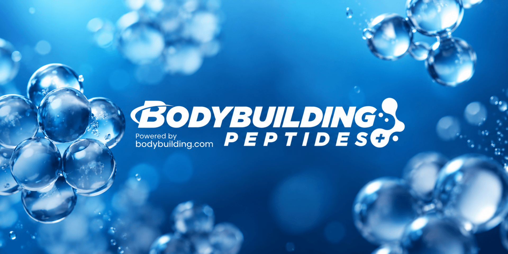 Abstract blue background with bubbles and the text Bodybuilding Peptides logo centered.