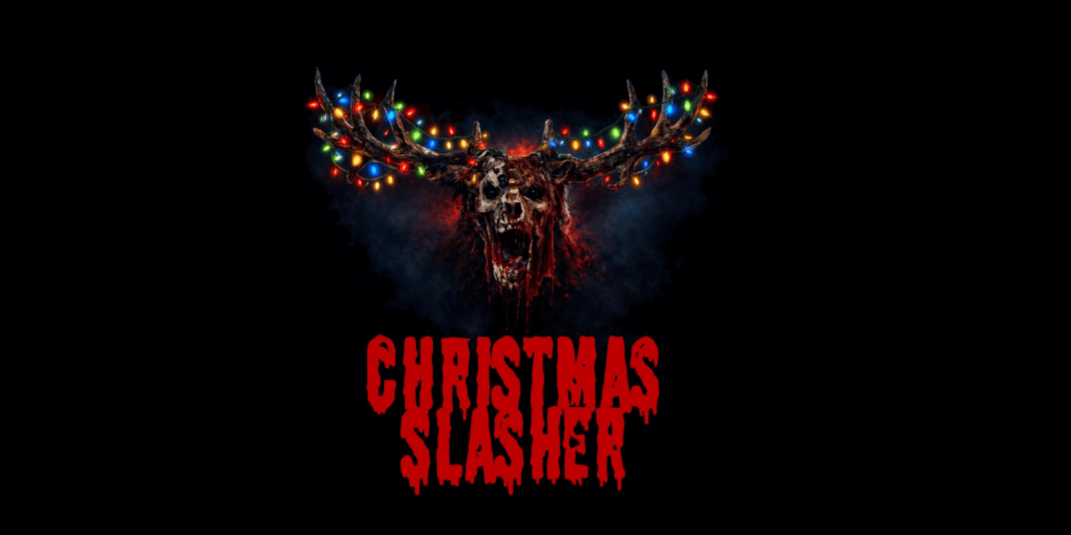 A skull adorned with Christmas lights and antlers, blood dripping, title "Christmas Slasher" below