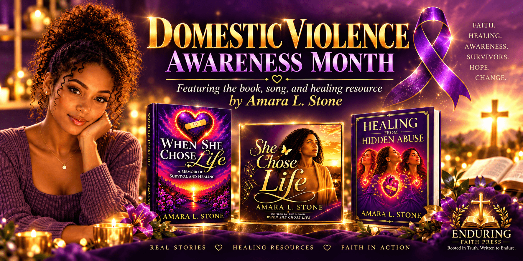 Promotional image for Domestic Violence Awareness Month featuring books by Amara L. Stone