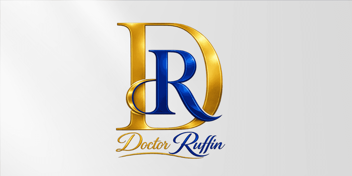 Doctor Ruffin logo featuring intertwined gold and blue initials on a light background.